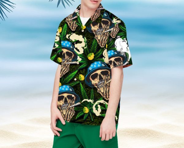 420 Skull Faces With Blue Hat Pot Leaf Smoking Tropical Shirt Tropical Shirt Hawaiian Shirt