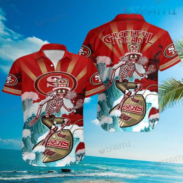49ers Button Up Shirt Skeleton Surfing 49ers Hawaii Shirt Gift For Niners Fans