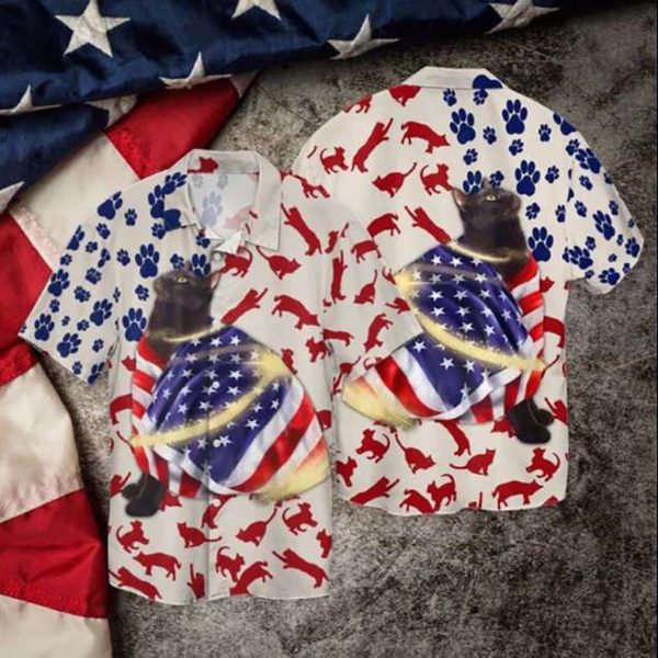4th Of July Independence Day Cat Black Hawaiian Shirt For Men Women