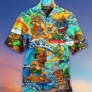 Aloha Tiki Surfing Into The Sunset 3d All Over Printed Hawaiian Shirt
