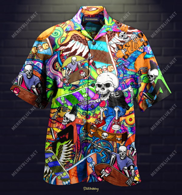 Amazing Skateboarding Skull Unisex Hawaiian Shirt-1