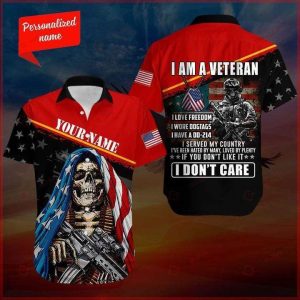 American Flag Skull Veteran Hawaiian Aloha Shirt
