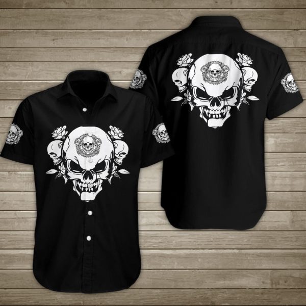 Angry Skull With Roses Hawaiian Shirt Summer Button Up For Men Women Couple-1