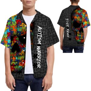 Autism Warrior Puzzles Skull Custom Name Men Hawaiian Shirt Autism Dad