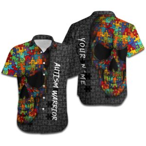Autism Warrior Puzzles Skull Custom Name Women Hawaiian Shirt Autism Mom