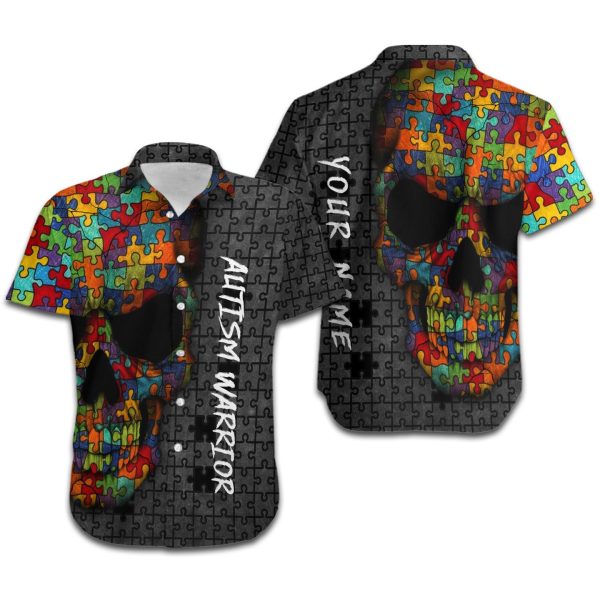 Autism Warrior Puzzles Skull Custom Name Women Hawaiian Shirt Autism Mom