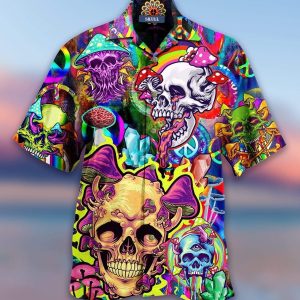 Beach Shirt Colorful Happy Hippie Mushroom Skull Pink Hawaiian Aloha Shirts