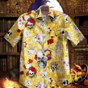 Beach Shirt Felacia Hawaii Shirt Hot Skull Flower Vintage Hawaiian Shirt
