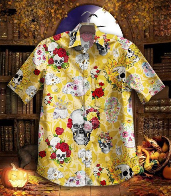 Beach Shirt Felacia Hawaii Shirt Hot Skull Flower Vintage Hawaiian Shirt