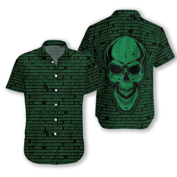 Beach Shirt Find Binary Code Skull Dark Green Hawaiian Aloha Shirts