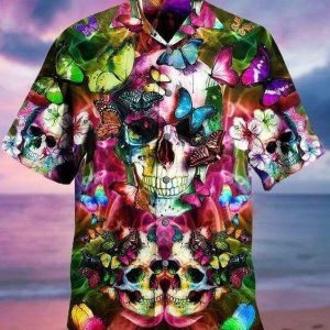 Beach Shirt Find Hawaiian Aloha Shirts Colorful Skull Blooming Butterfly