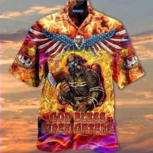 Beach Shirt Get Here Hawaiian Shirts God Bless Firefighters Skull