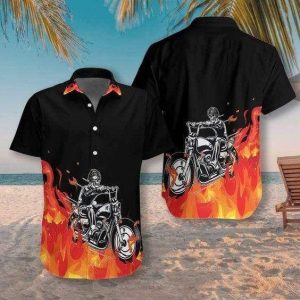 Beach Shirt Get Here Hawaiian  Shirts Motorcycle Skull On Fire