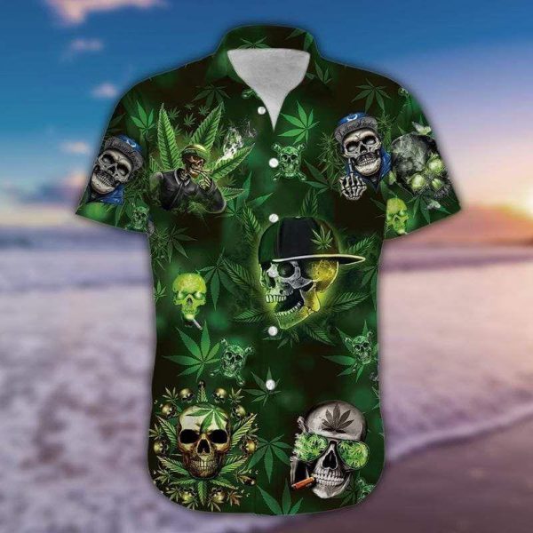 Beach Shirt Green Lets Get High Weed Skull Unisex Hawaiian Shirts