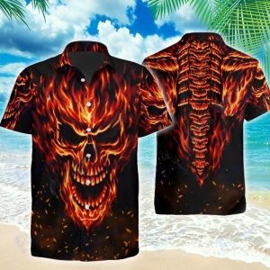 Beach Shirt Hawaiian Aloha Shirts Fire Burning Skull