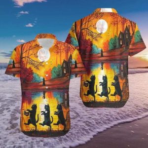 Beach Shirt Hawaiian Aloha Shirts Halloween Walking Cat