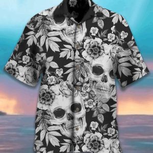 Beach Shirt Hawaiian Aloha Shirts Skull Black And White Flowers