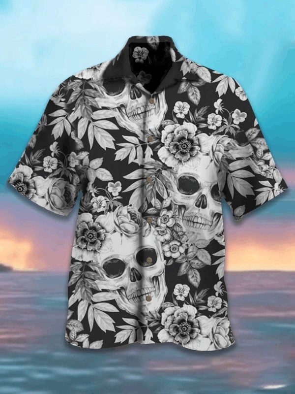 Beach Shirt Hawaiian Aloha Shirts Skull Black And White Flowers