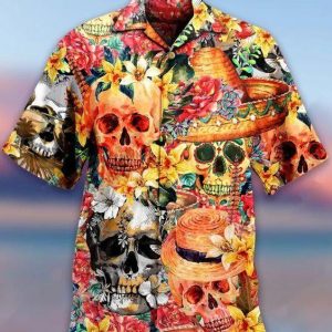 Beach Shirt Hawaiian Shirts Skull Flowers Day Of The Dead-1