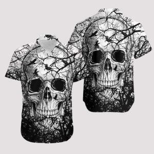 Beach Shirt High Quality Skull Crow Black White Hawaiian Aloha Shirt