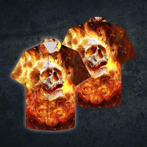 Beach Shirt High Quality Skull Rose Skull Fire 3d All Over Hawaiian Shirt