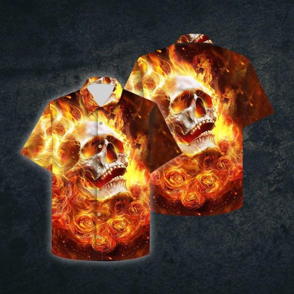 Beach Shirt High Quality Skull Rose Skull Fire 3d All Over Hawaiian Shirt