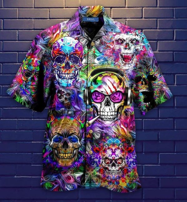 Beach Shirt Shop Awesome Colorful Skull Unisex Hawaiian Aloha Shirt