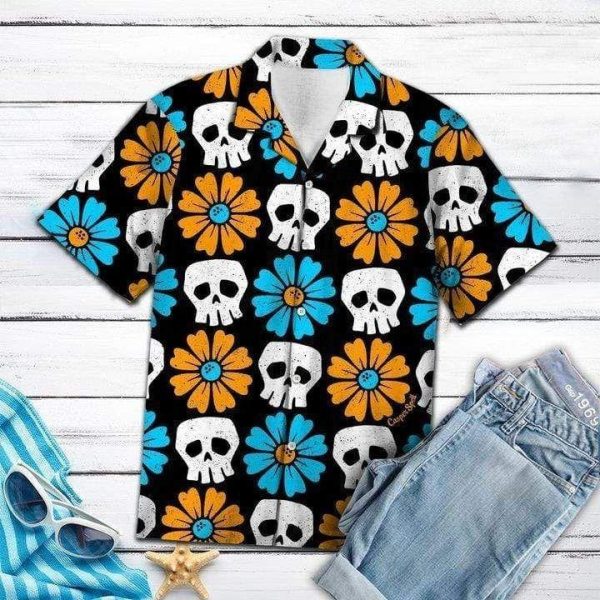 Beach Shirt Shop Simple Skull Flowers Hawaiian Aloha Shirt