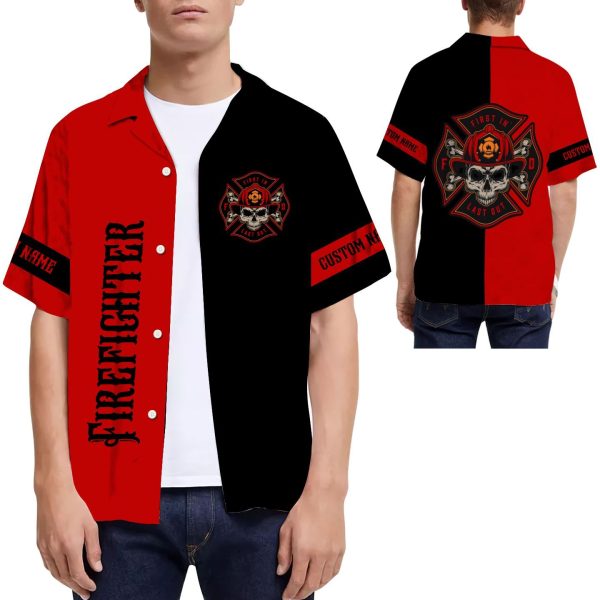 Beach Shirt Skull Firefighter Custom Name Hawaiian Shirt