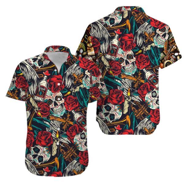 Beach Shirt Skull Rose Alcohol Aloha Hawaiian Shirts