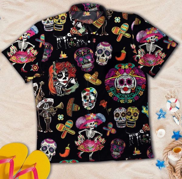 Beach Shirt Sugar Skull Calavera Guns And Roses Unisex Hawaiian Aloha Shirt