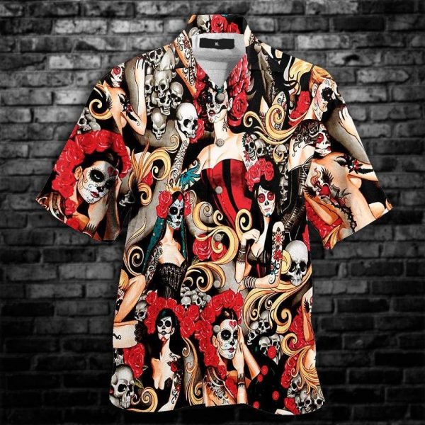 Beach Shirt Tattoo Skull Girl Roses Hawaiian Aloha Shirt