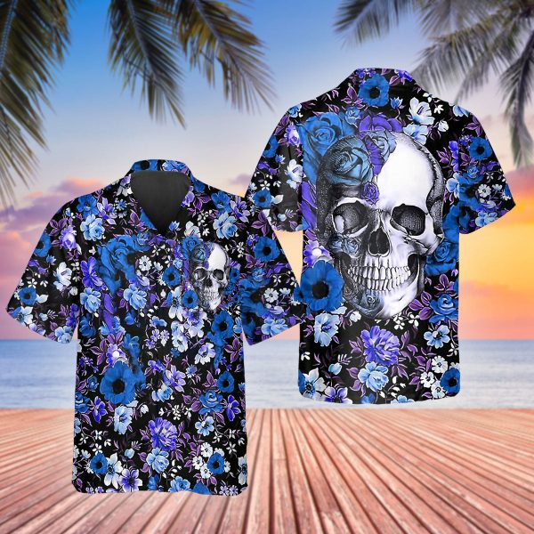 Blue Flower Happy Summer Skull Hawaiian Shirt