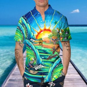Blue Skull Tidal Wave Hawaiian Shirt