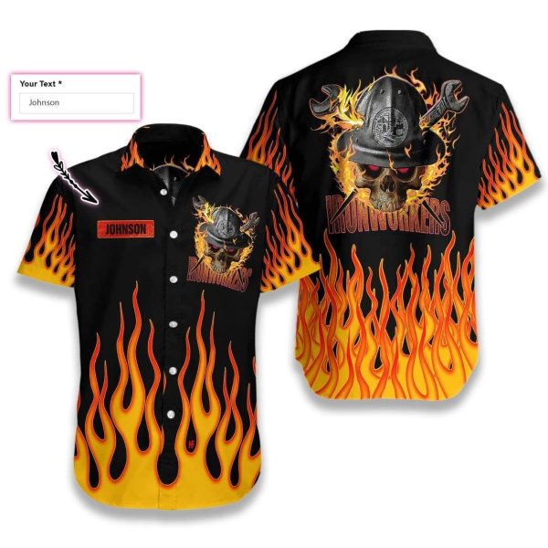 Body With Amazing Personalized Ironworker Skull Fire Hawaiian Aloha Shirt