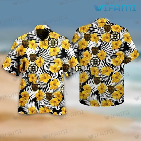 Bruins Hawaiian Shirt Gold Hibiscus Palm Leaf Boston Bruins Gift