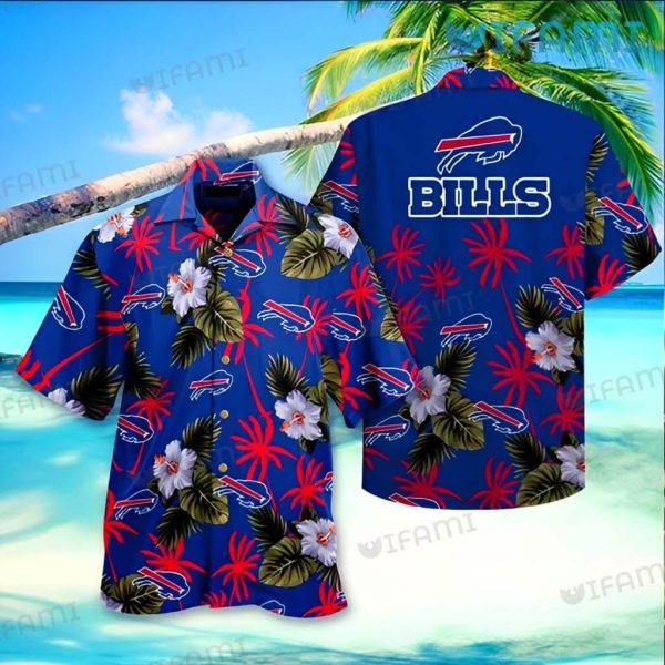 Buffalo Bills Hawaiian Shirt White Hibiscus Tropical Palm Leaves Buffalo Bills Gift
