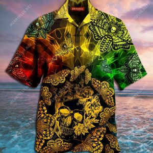 Butterfly Golden Skull Aloha Hawaiian Shirt Colorful Short Sleeve Summer Beach