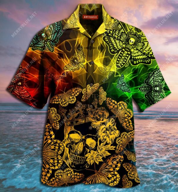 Butterfly Golden Skull Aloha Hawaiian Shirt Colorful Short Sleeve Summer Beach