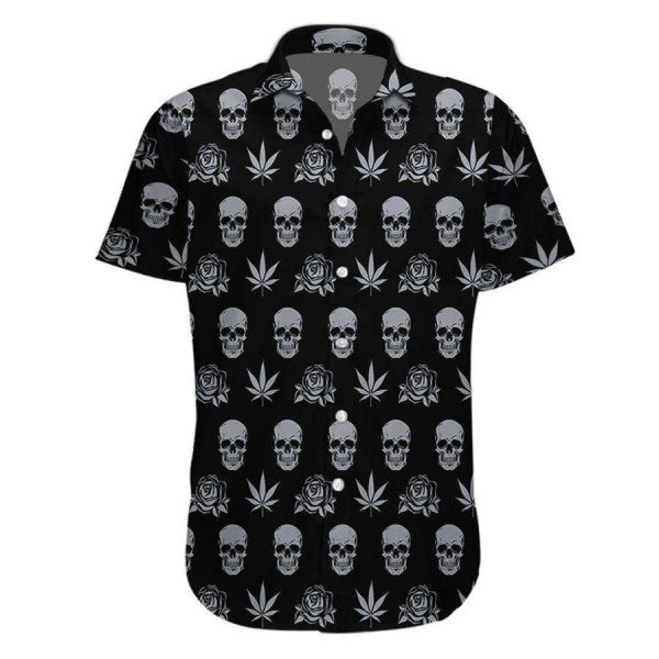 Buy Hawaiian Shirts Black Weed Rose And Skull-1