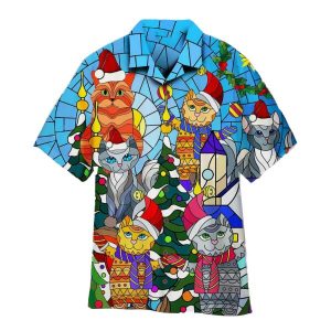 Cat Family Merry Christmas Stained Glass Hawaiian Shirt