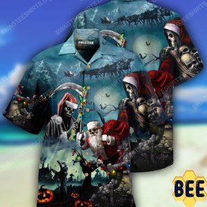 Christmas Holiday And Santa Skull Full Print Trending Hawaiian Shirt-1