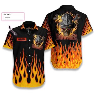 Dad Fathers Day Custom Name Ironworker Skull Fire Hawaiian Aloha Shirt