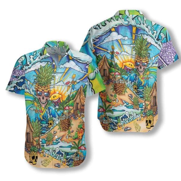 Discover Cool Pineapple Skull On The Beach Hawaiian Shirts V-1