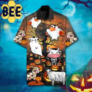 Farmer Cow And Pumpkins Halloween Hawaiian Shirt-1