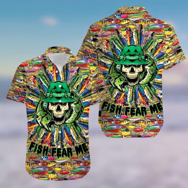 Fishing Skull Fish Fear Me  Hawaiian Shirt Colorful Short Sleeve Summer Beach