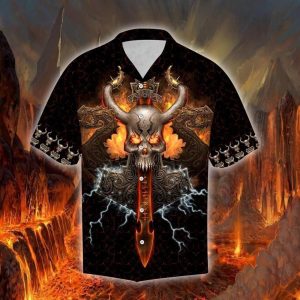 Flame Nordic Viking Warrior Skull Aloha Hawaiian Shirt Colorful Short Sleeve Summer