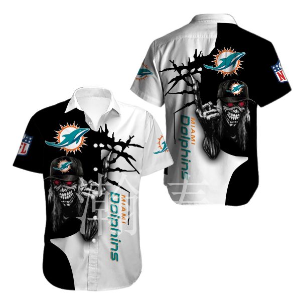 Miami Dolphins button-up shirt Iron Maiden gift for Halloween